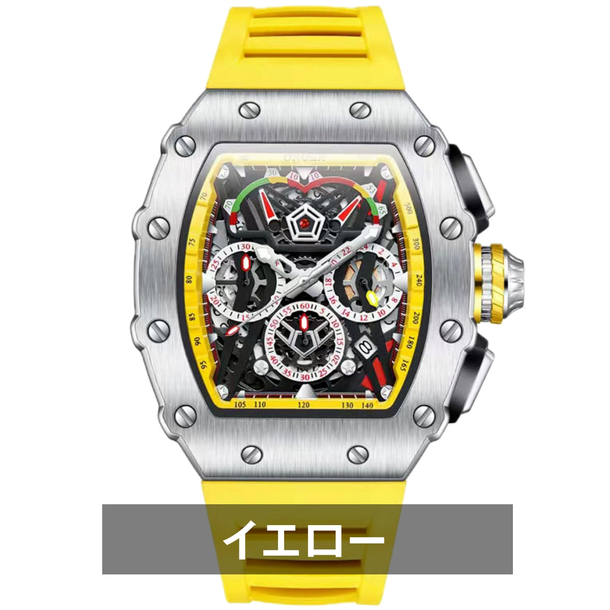 Men's Chronograph Homage Quartz Watch, Tonneau Shape, Skeleton Design, Silicone Strap, Date Display, ONOLA ON6827