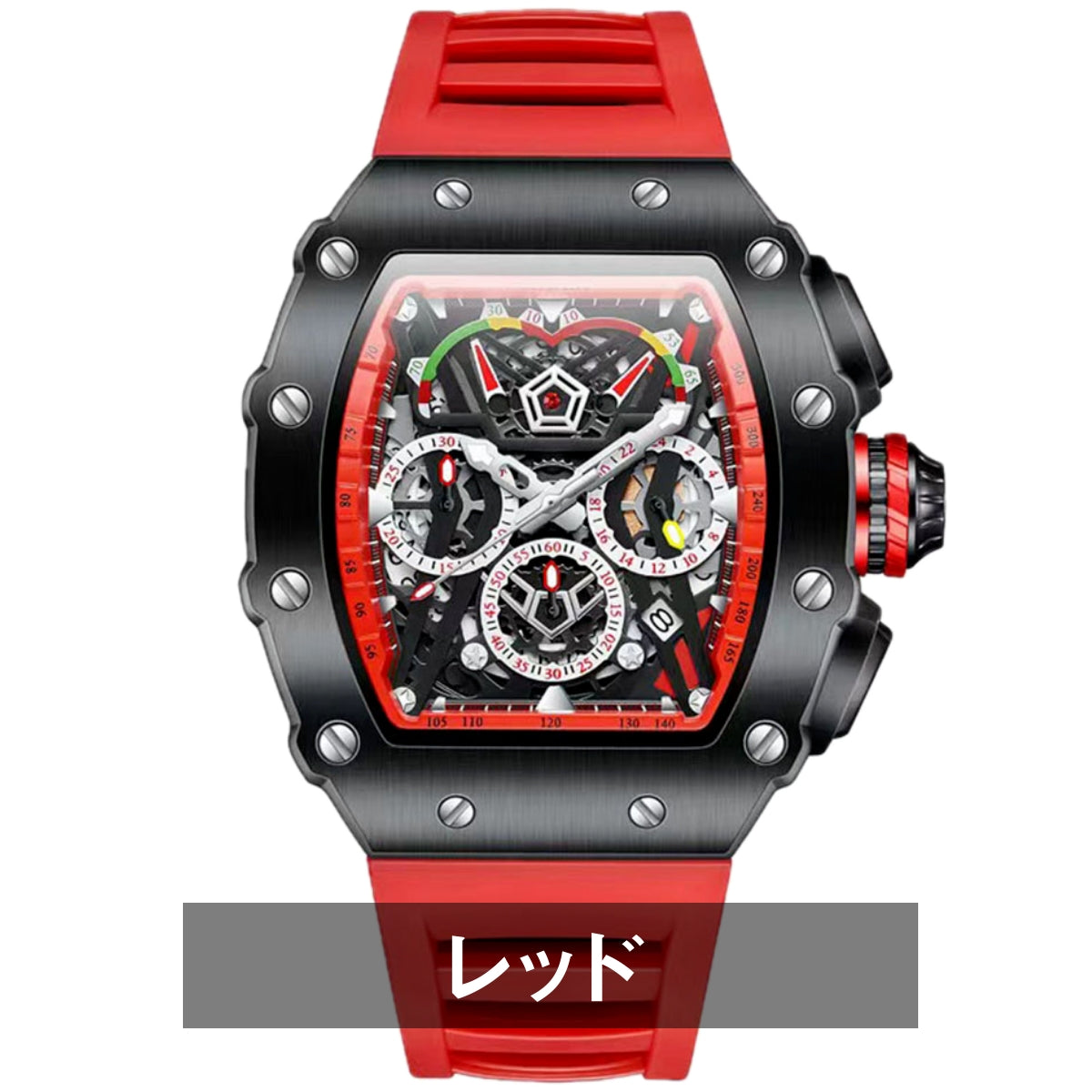 Men's Chronograph Homage Quartz Watch, Tonneau Shape, Skeleton Design, Silicone Strap, Date Display, ONOLA ON6827