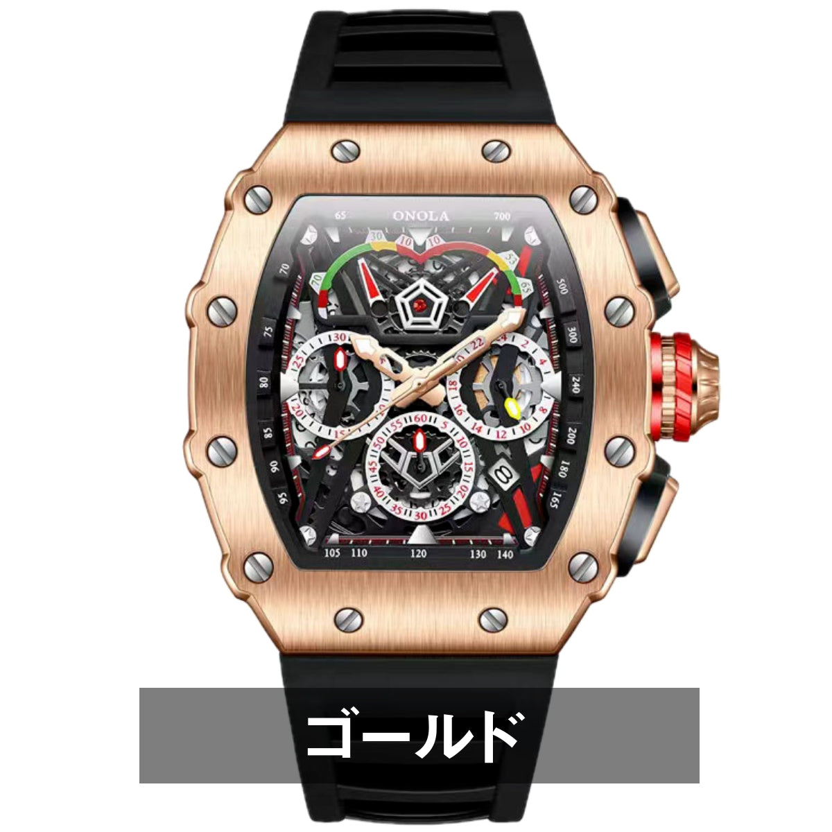 Men's Chronograph Homage Quartz Watch, Tonneau Shape, Skeleton Design, Silicone Strap, Date Display, ONOLA ON6827