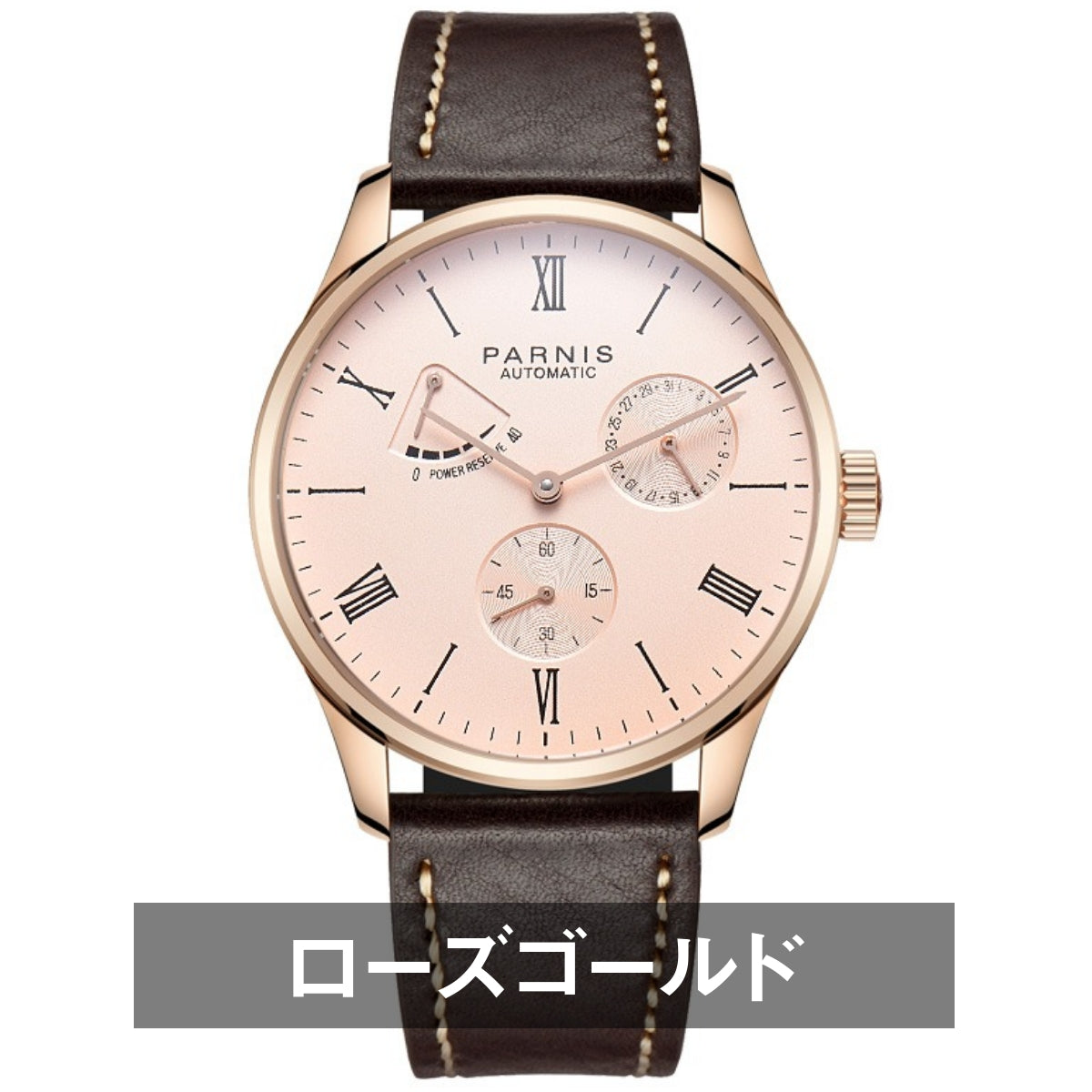 Men's PARNIS PA2122 Automatic Watch with Power Reserve Indicator, Leather Strap, and Calendar for Men in their 40s and 50s