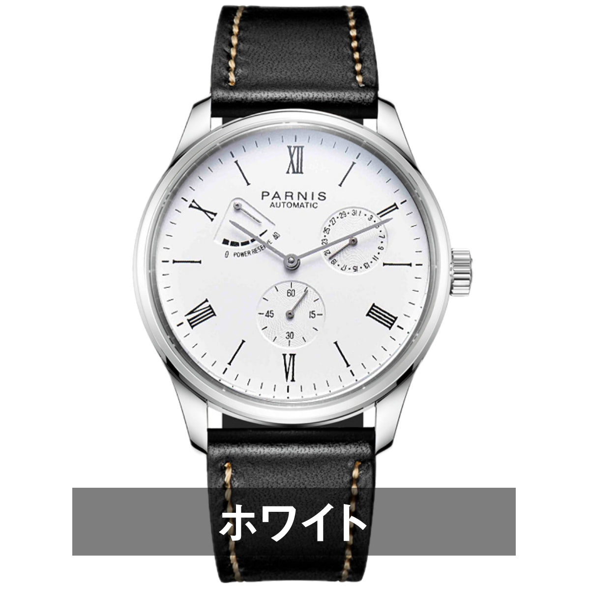 Men's PARNIS PA2122 Automatic Watch with Power Reserve Indicator, Leather Strap, and Calendar for Men in their 40s and 50s