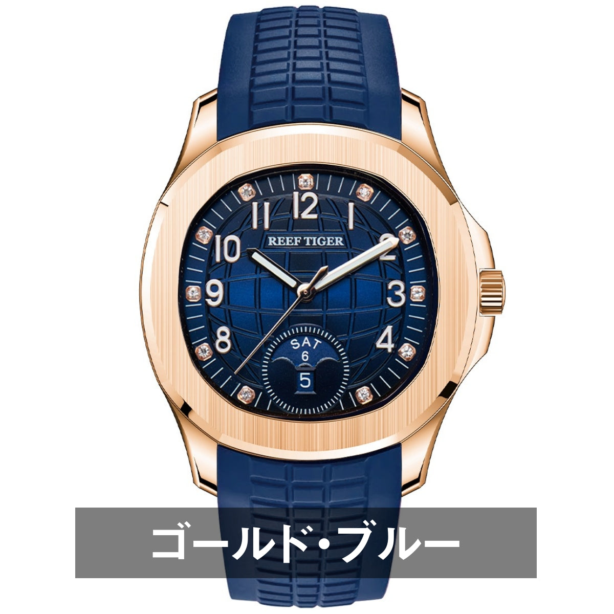 Men's Automatic Watch, Hand-Wound, Day-Date Display, Rubber Strap, REEF TIGER RGA1805