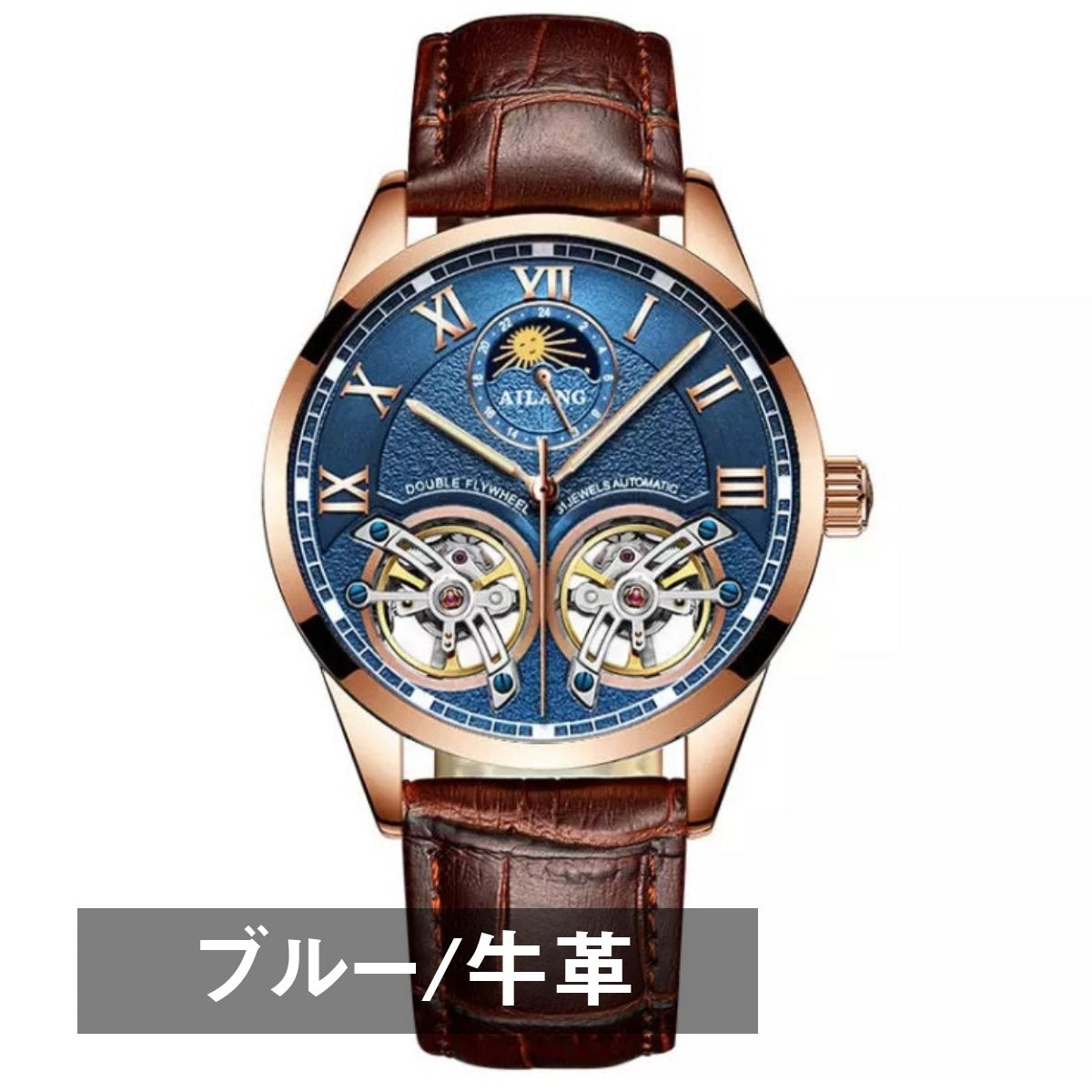 AILANG Men's Automatic Mechanical Watch with Leather Strap, Skeleton Design, Sun & Moon, and Moon Phase Display for Men in Their 40s and 50s