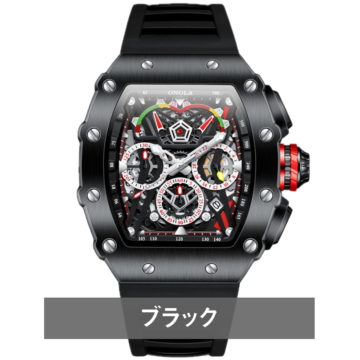 腕時計 メンズ クロノグラフ オマージュウォッチ クォーツ トノー型 スケルトン シリコンベルト 日付 ONOLA ON6827
