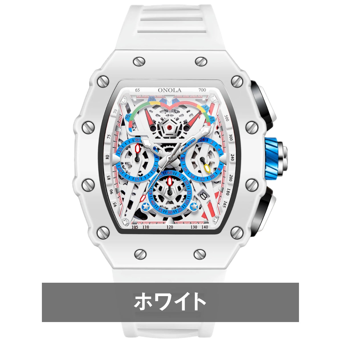 腕時計 メンズ クロノグラフ オマージュウォッチ クォーツ トノー型 スケルトン シリコンベルト 日付 ONOLA ON6827