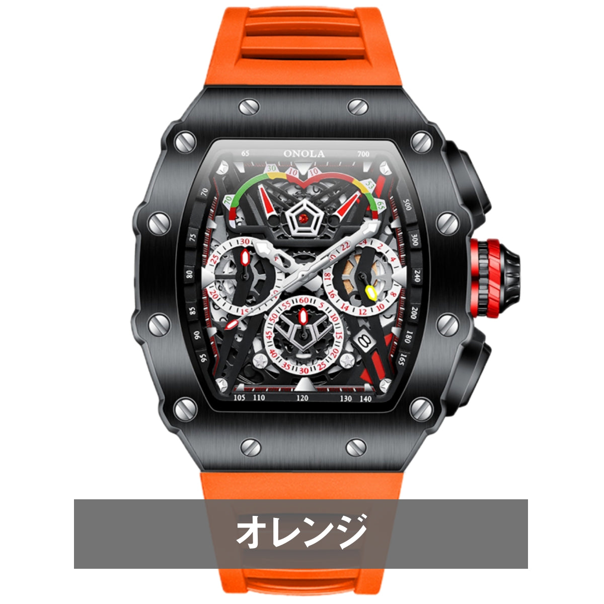 腕時計 メンズ クロノグラフ オマージュウォッチ クォーツ トノー型 スケルトン シリコンベルト 日付 ONOLA ON6827
