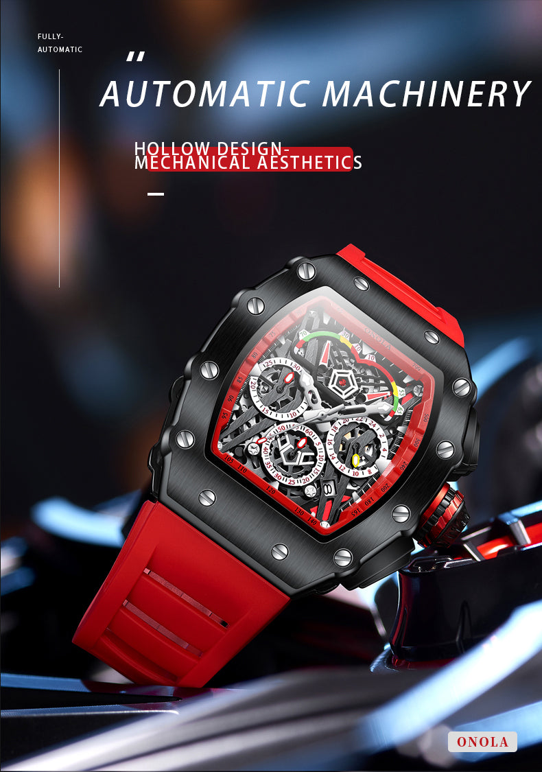 Men's Chronograph Homage Quartz Watch, Tonneau Shape, Skeleton Design, Silicone Strap, Date Display, ONOLA ON6827