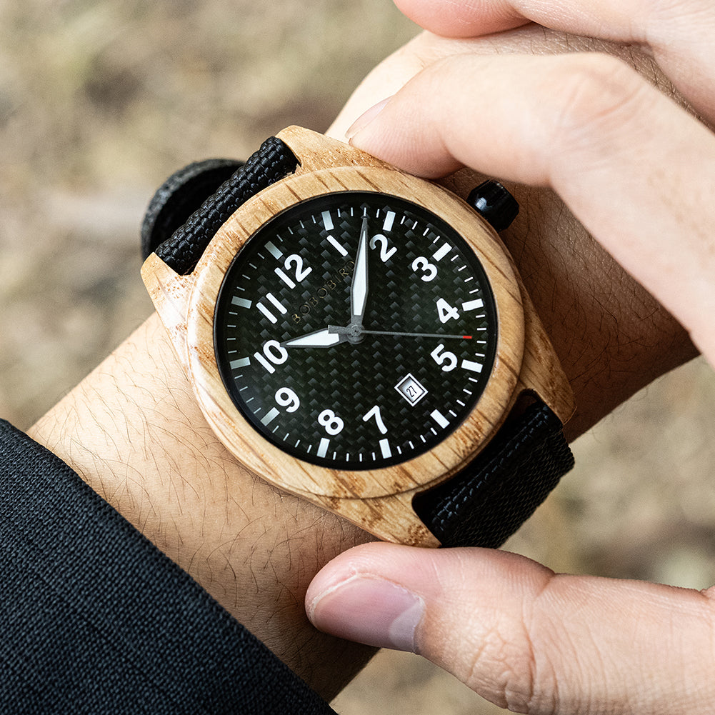 BOBO BIRD GT165 Men's Wooden Watch with Quartz Movement, Denim and Nylon Finish, Date Display, for Men in Their 40s and 50s