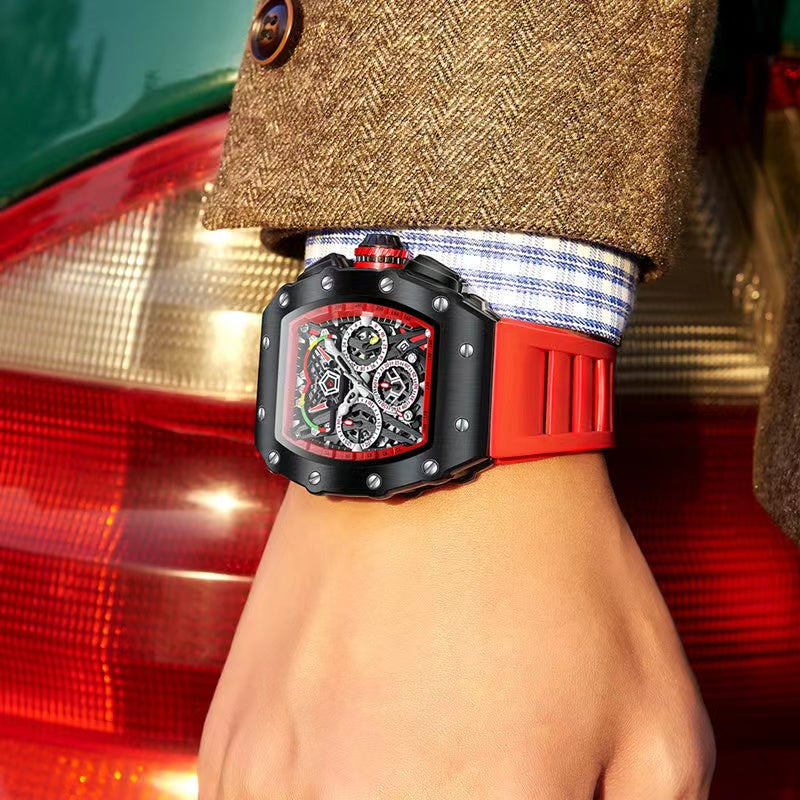 Men's Chronograph Homage Quartz Watch, Tonneau Shape, Skeleton Design, Silicone Strap, Date Display, ONOLA ON6827