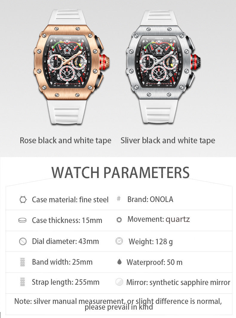 Men's Chronograph Homage Quartz Watch, Tonneau Shape, Skeleton Design, Silicone Strap, Date Display, ONOLA ON6827