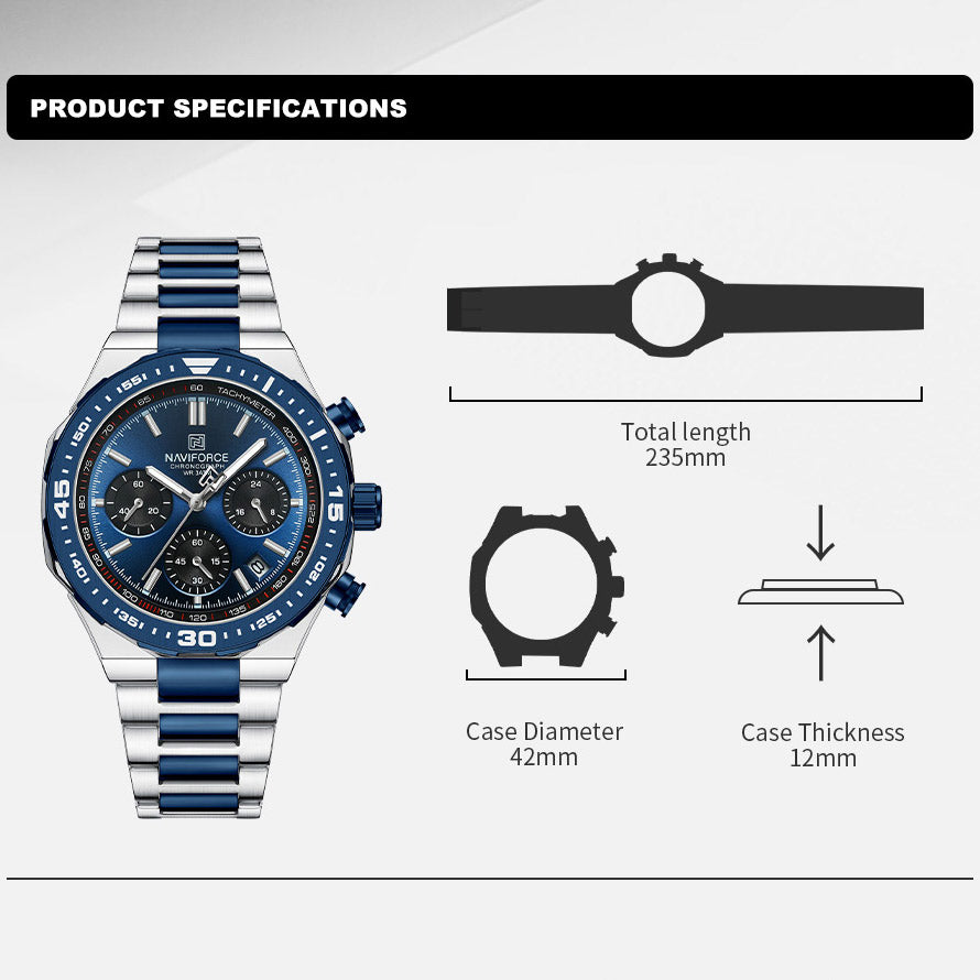 NAVIFORCE NF8049, a 42mm quartz chronograph homage watch for men in their 40s and 50s, with a sophisticated look and date display.