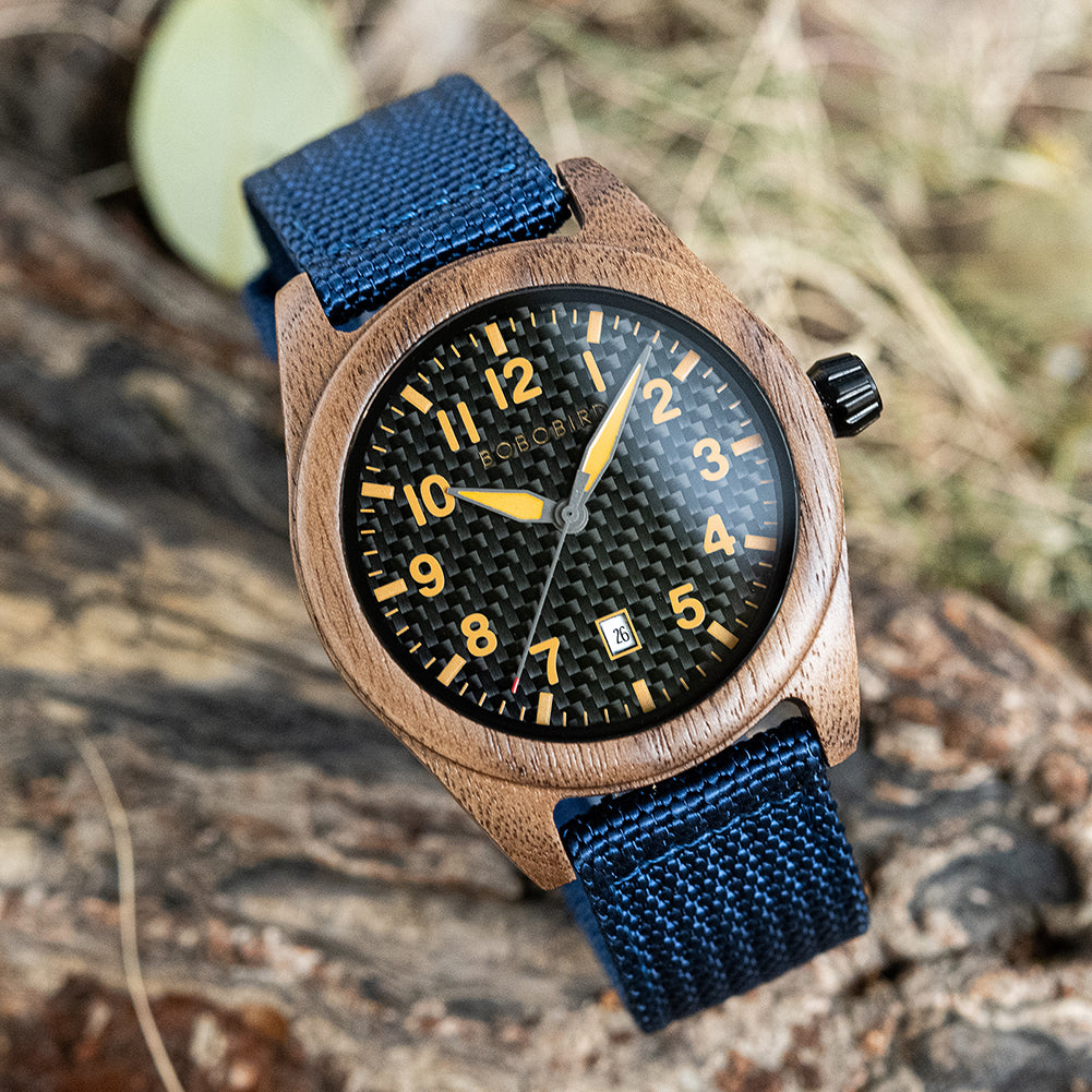 BOBO BIRD GT165 Men's Wooden Watch with Quartz Movement, Denim and Nylon Finish, Date Display, for Men in Their 40s and 50s