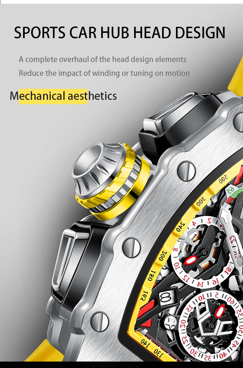 Men's Chronograph Homage Quartz Watch, Tonneau Shape, Skeleton Design, Silicone Strap, Date Display, ONOLA ON6827
