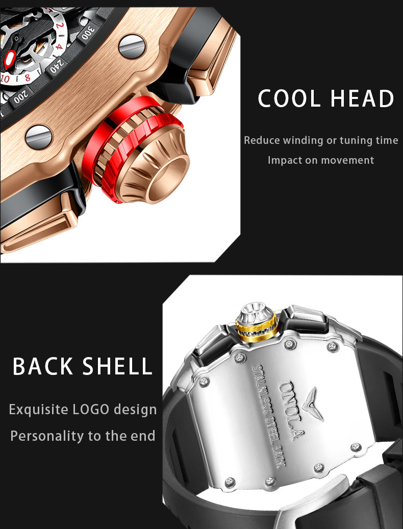 Men's Chronograph Homage Quartz Watch, Tonneau Shape, Skeleton Design, Silicone Strap, Date Display, ONOLA ON6827