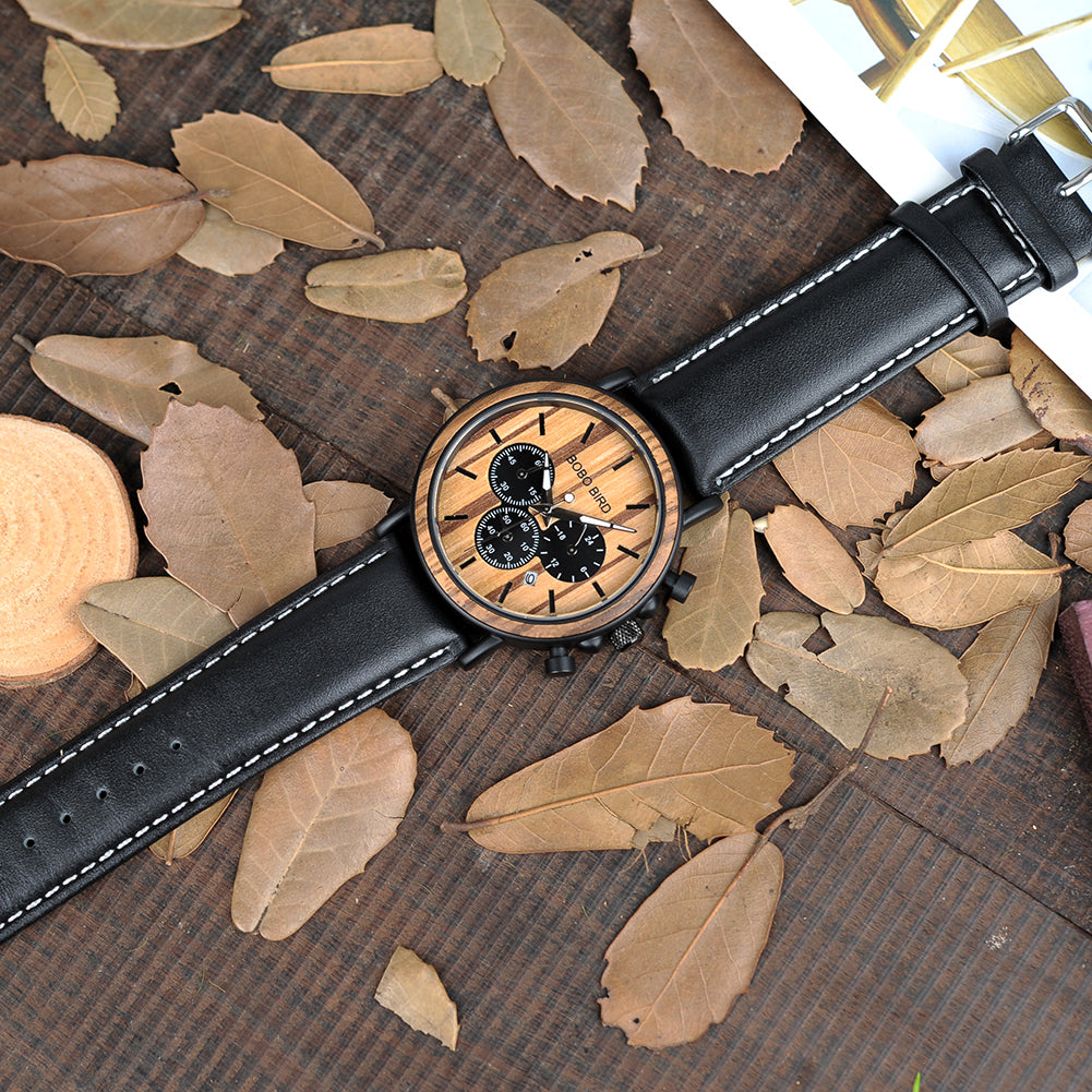 BOBO BIRD Men's Wooden Watch, Chronograph Quartz Movement, Date Display, P09, for Men in their 40s and 50s