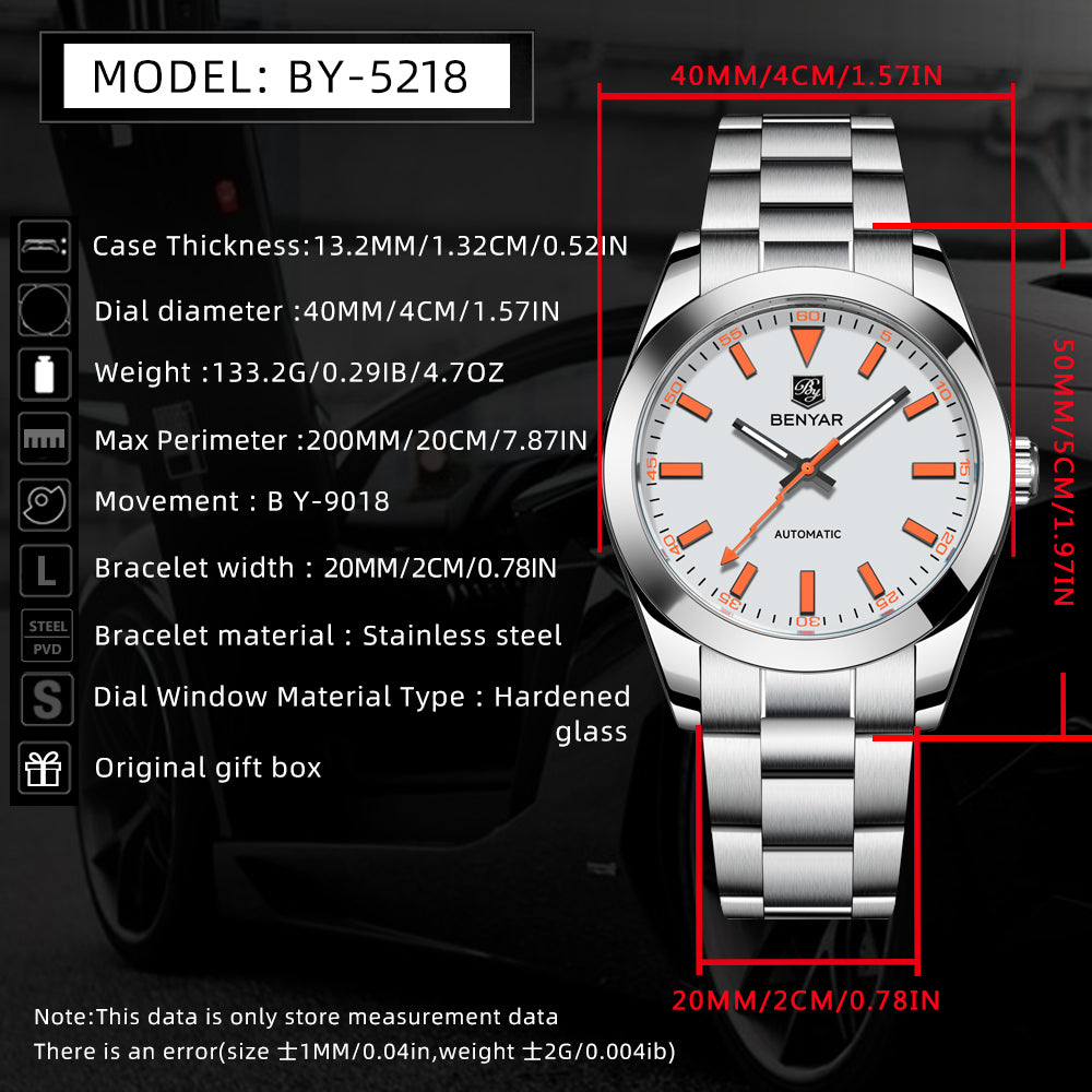 Men's Automatic Mechanical Watch, Homage Watch for Men in their 40s and 50s, BENYAR BY-5218