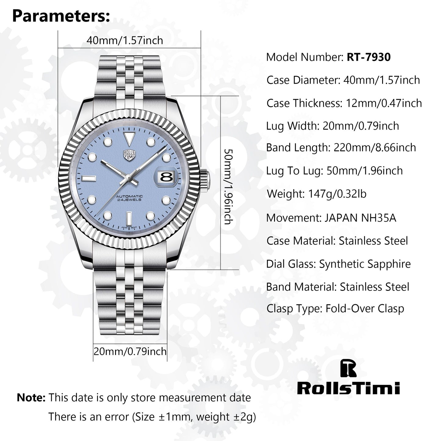 自動巻き腕時計 メンズ 40代 50代 オマージュウォッチ 機械式 手巻き 40mm 全面蛍光 RoolsTimi RT-7930
