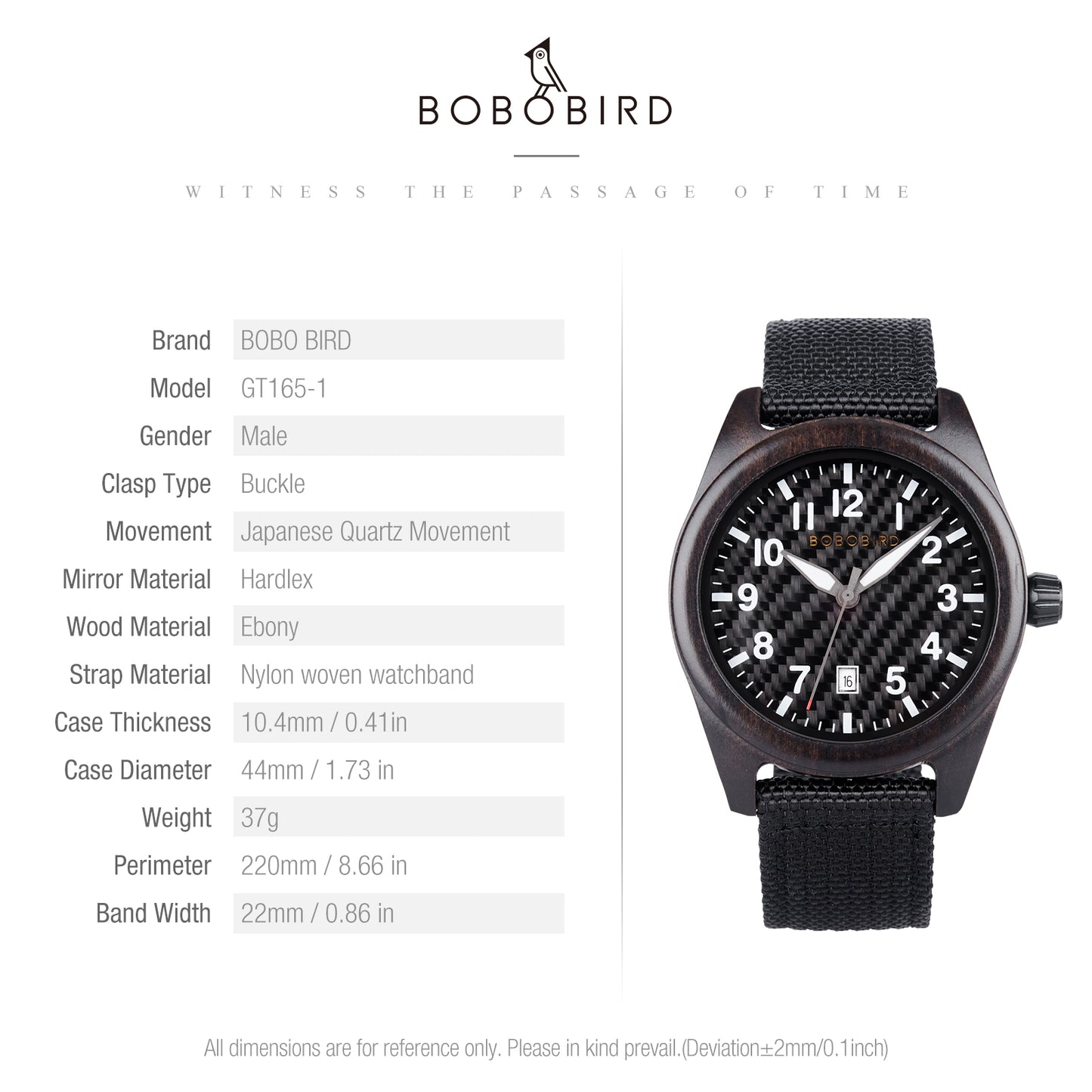 BOBO BIRD GT165 Men's Wooden Watch with Quartz Movement, Denim and Nylon Finish, Date Display, for Men in Their 40s and 50s