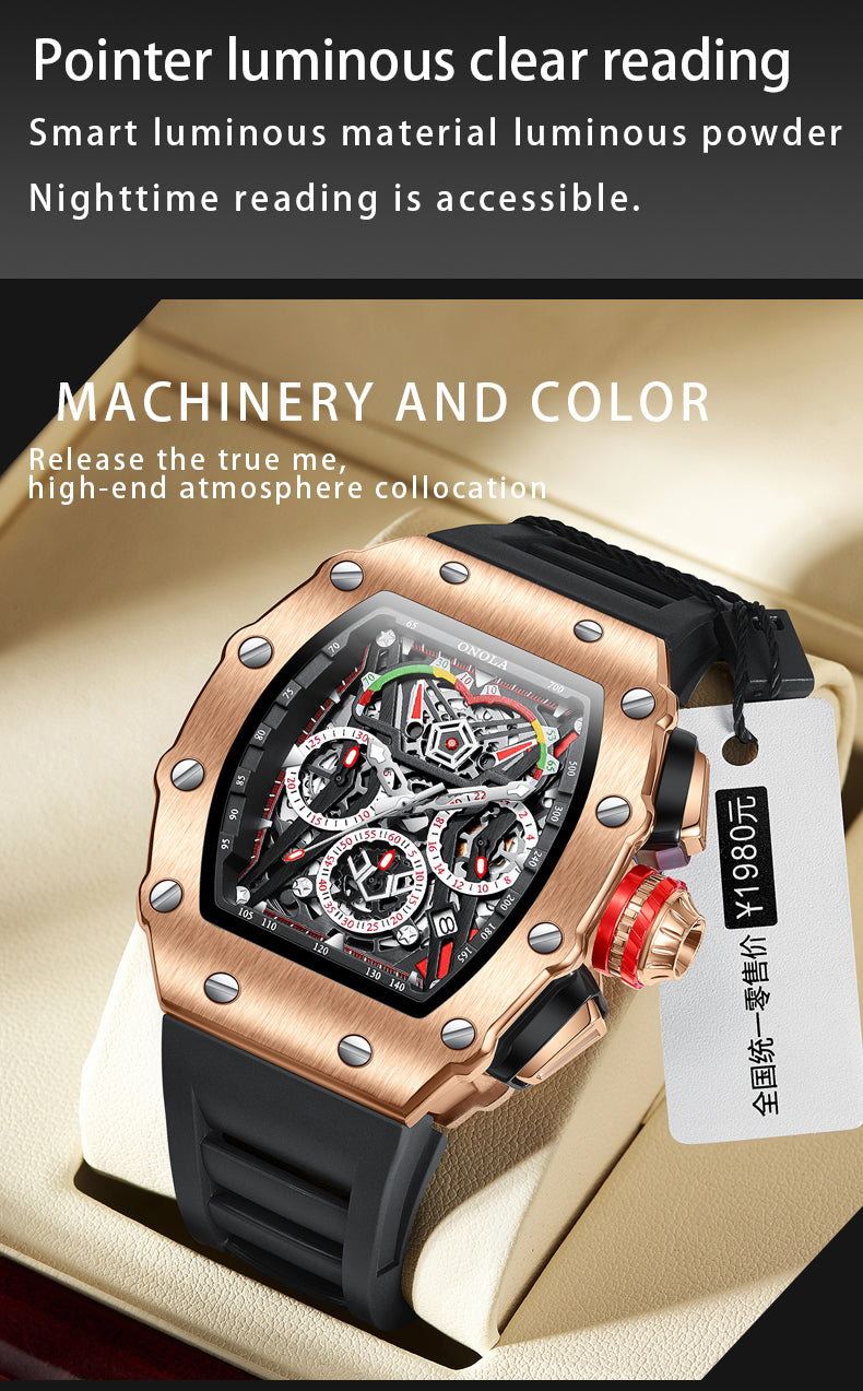 Men's Chronograph Homage Quartz Watch, Tonneau Shape, Skeleton Design, Silicone Strap, Date Display, ONOLA ON6827