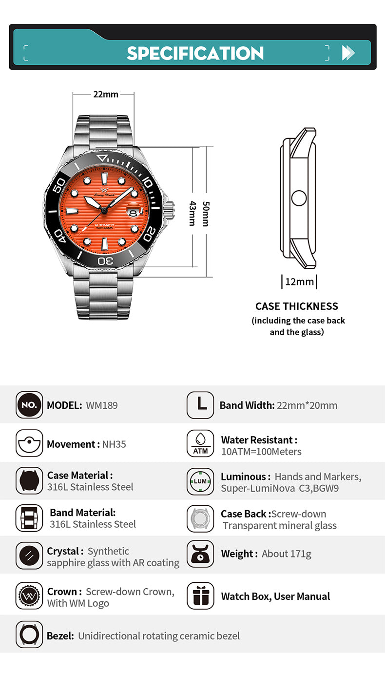 Men's Dive Watch, Homage Watch, Waterproof, Mechanical, Automatic, Hand-Wound, Calendar, Welly Merck WM189