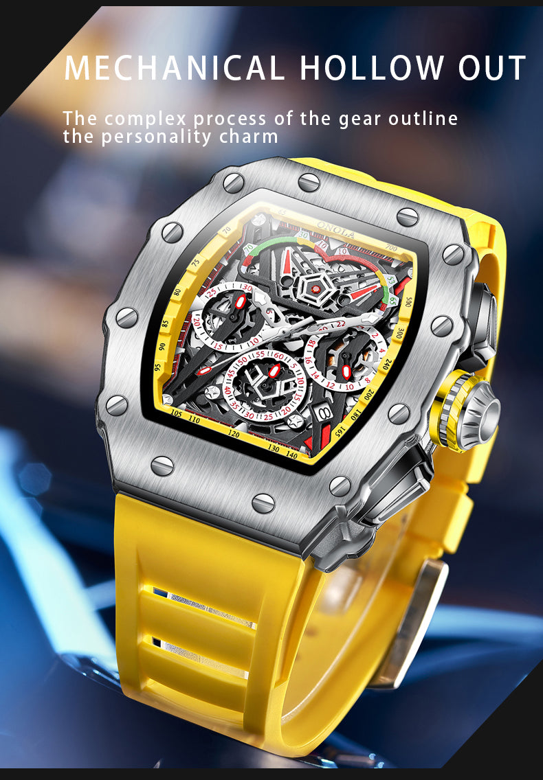 Men's Chronograph Homage Quartz Watch, Tonneau Shape, Skeleton Design, Silicone Strap, Date Display, ONOLA ON6827