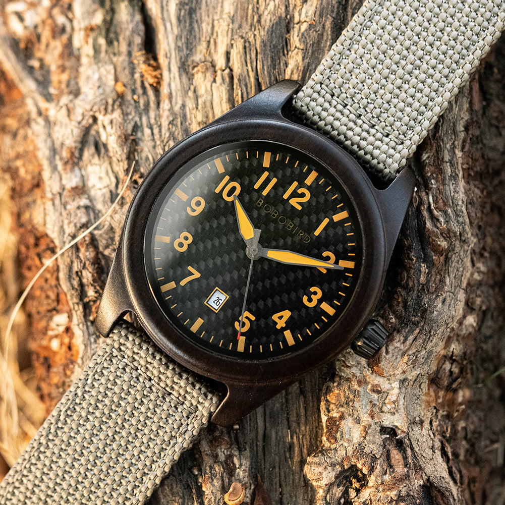 BOBO BIRD GT165 Men's Wooden Watch with Quartz Movement, Denim and Nylon Finish, Date Display, for Men in Their 40s and 50s