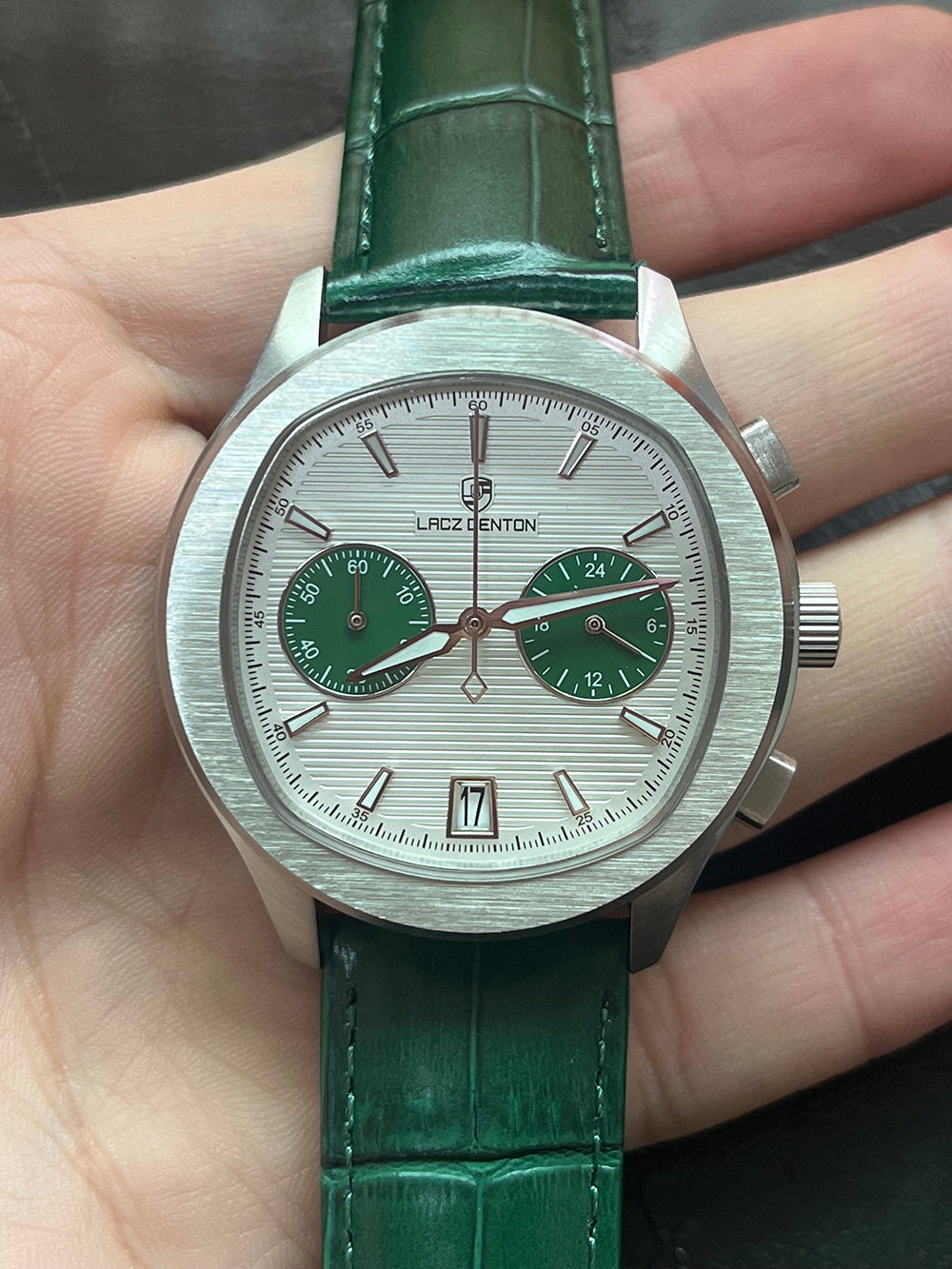 Men's 40s Chronograph Quartz Watch with Tonneau Shape and Leather Strap, LACZ DENTON LD-9108
