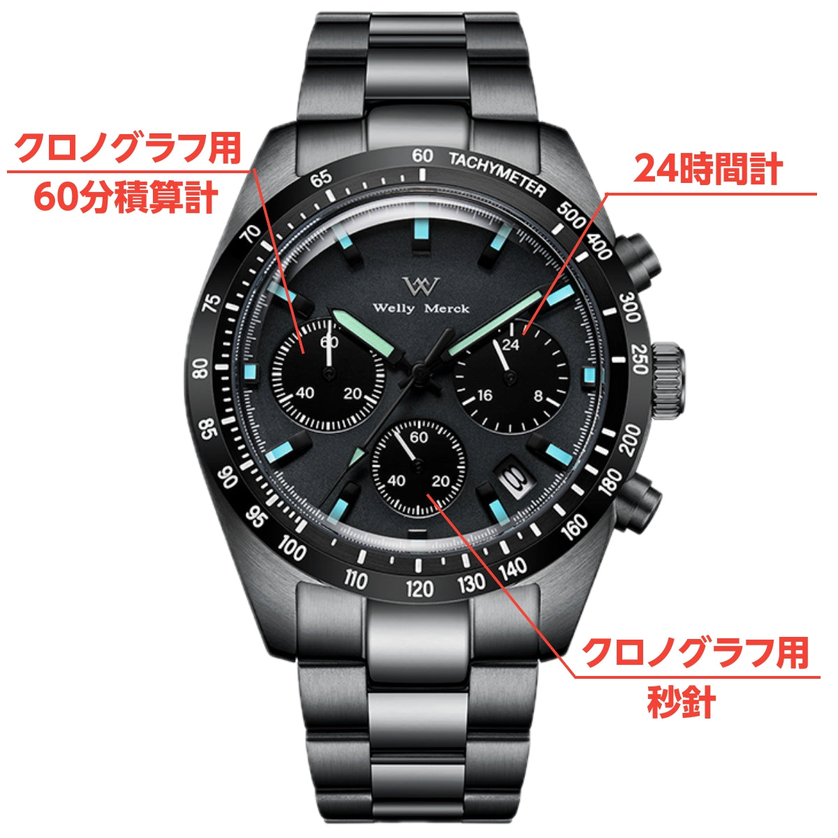 腕時計 メンズ 40代 50代 クロノグラフ オマージュウォッチ クォーツ オールブラック 39mm WELLY MERCK WM176