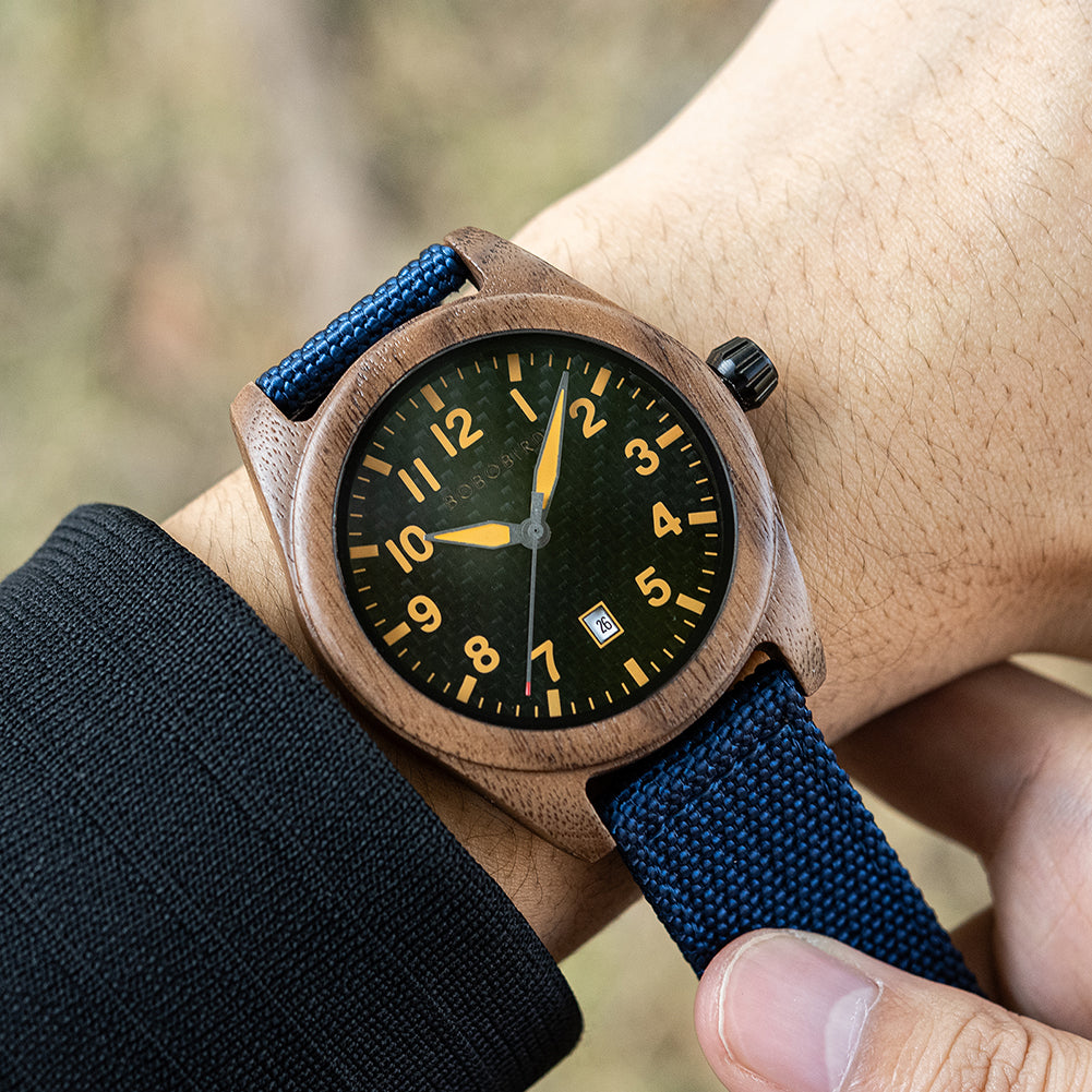 BOBO BIRD GT165 Men's Wooden Watch with Quartz Movement, Denim and Nylon Finish, Date Display, for Men in Their 40s and 50s