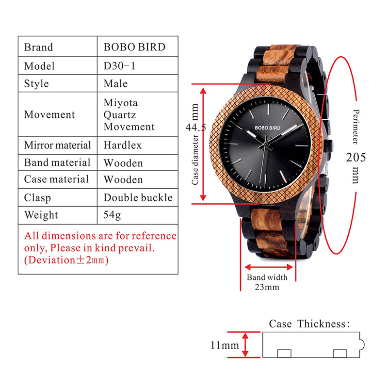 BOBO BIRD D30 Wooden Watch for Men in Their 40s and 50s, Hypoallergenic, Black Dial