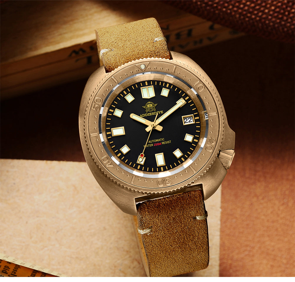 ADDIESDIVE AD2104 Men's Diver's Watch, Bronze Copper Homage, Automatic Movement with Calendar and Leather Strap