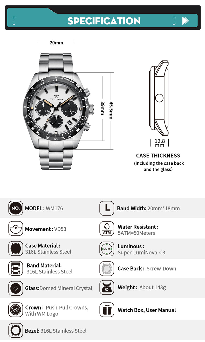 腕時計 メンズ 40代 50代 クロノグラフ オマージュウォッチ クォーツ オールブラック 39mm WELLY MERCK WM176