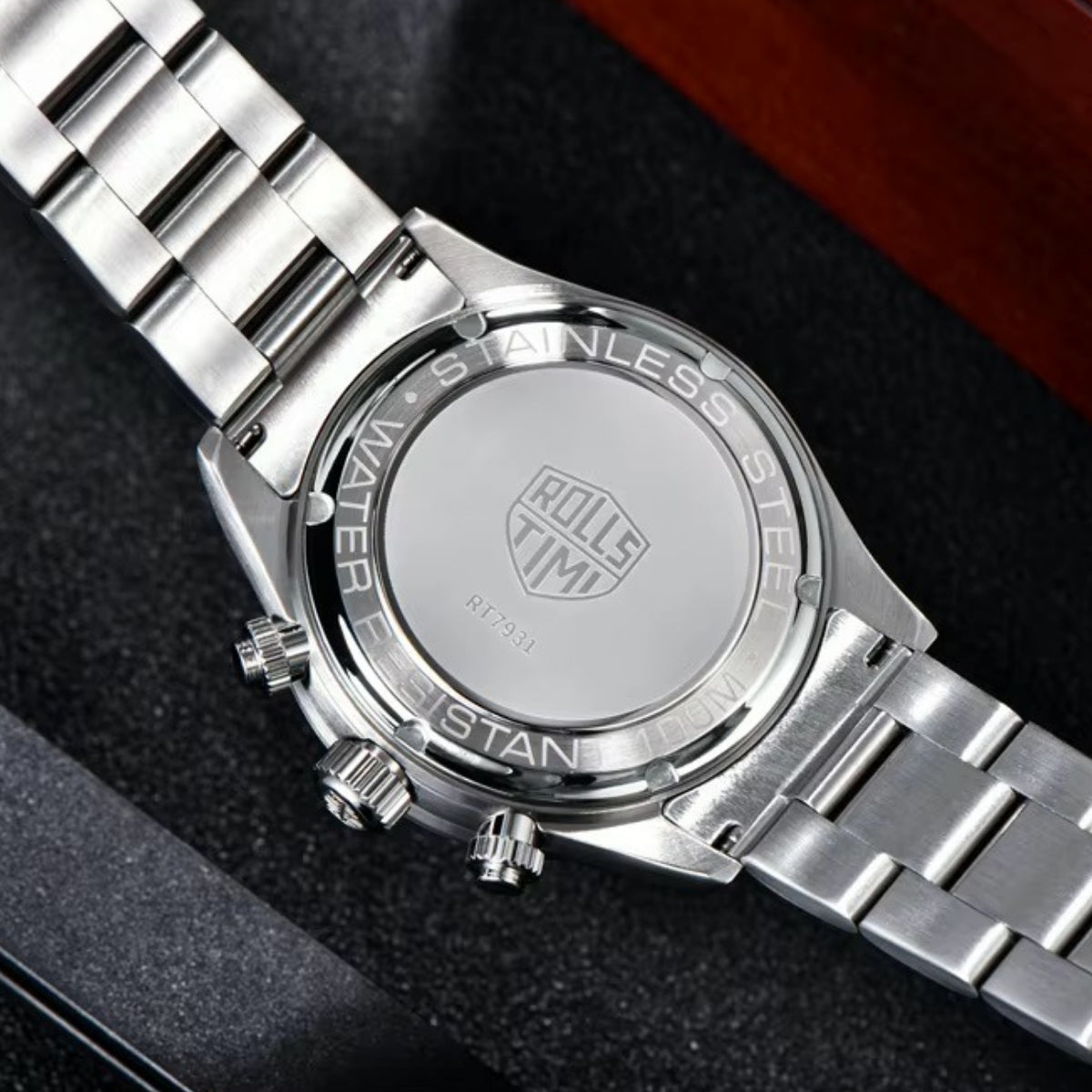 Men's Chronograph Homage Watch for Men in their 40s and 50s, Quartz Movement, Rolls Timi, with Japanese Instructions, RT-7931