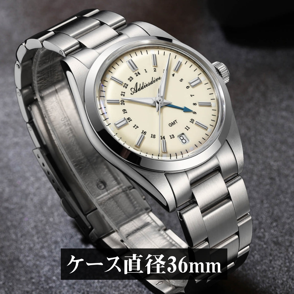 ADDIESDIVE AD2065, a 36mm homage watch for men in their 40s and 50s, featuring a GMT movement, Swiss-made movement, and a calendar.