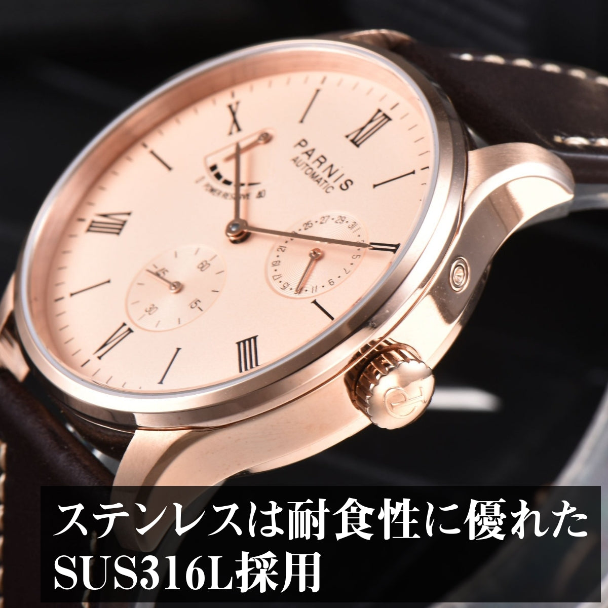 Men's PARNIS PA2122 Automatic Watch with Power Reserve Indicator, Leather Strap, and Calendar for Men in their 40s and 50s
