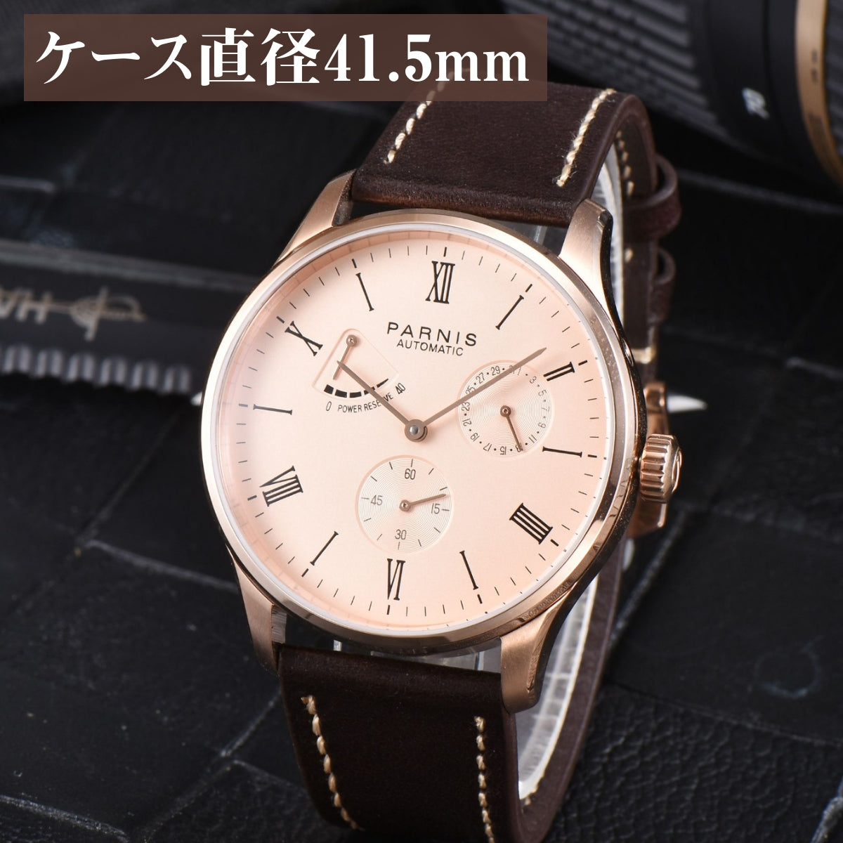Men's PARNIS PA2122 Automatic Watch with Power Reserve Indicator, Leather Strap, and Calendar for Men in their 40s and 50s