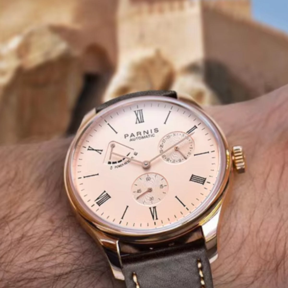 Men's PARNIS PA2122 Automatic Watch with Power Reserve Indicator, Leather Strap, and Calendar for Men in their 40s and 50s