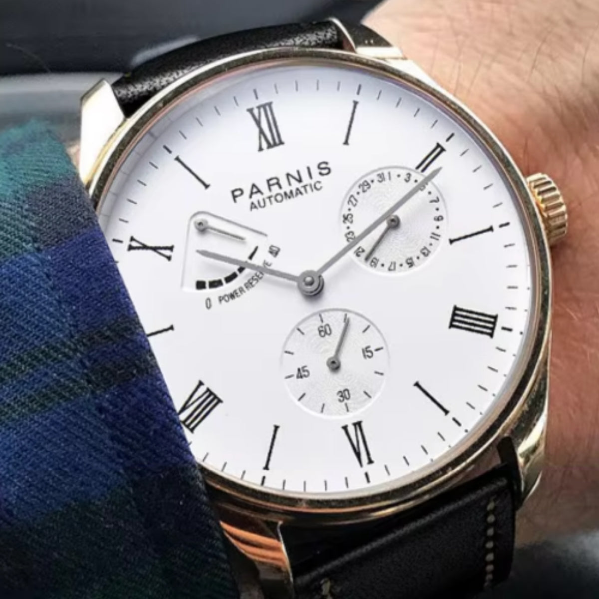 Men's PARNIS PA2122 Automatic Watch with Power Reserve Indicator, Leather Strap, and Calendar for Men in their 40s and 50s