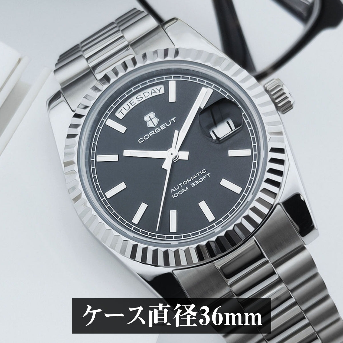 自動巻き腕時計 メンズ 40代 50代 オマージュウォッチ デイデイト 機械式 手巻き 36mm アイスブルー CORGEUT 2029
