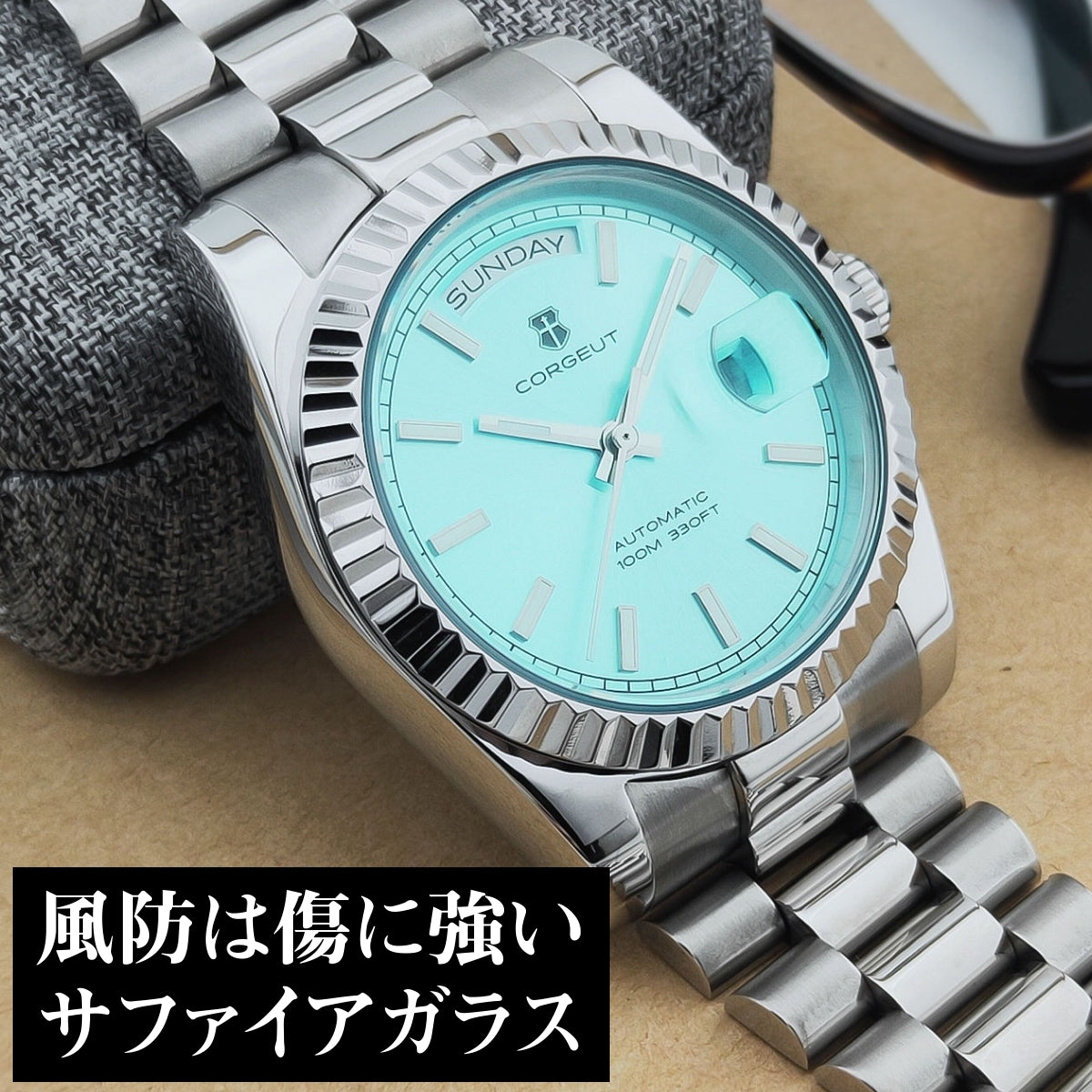 自動巻き腕時計 メンズ 40代 50代 オマージュウォッチ デイデイト 機械式 手巻き 36mm アイスブルー CORGEUT 2029