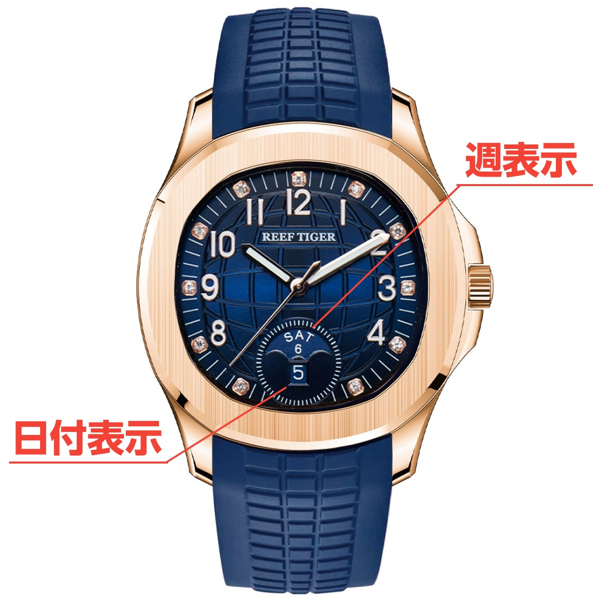 Men's Automatic Watch, Hand-Wound, Day-Date Display, Rubber Strap, REEF TIGER RGA1805