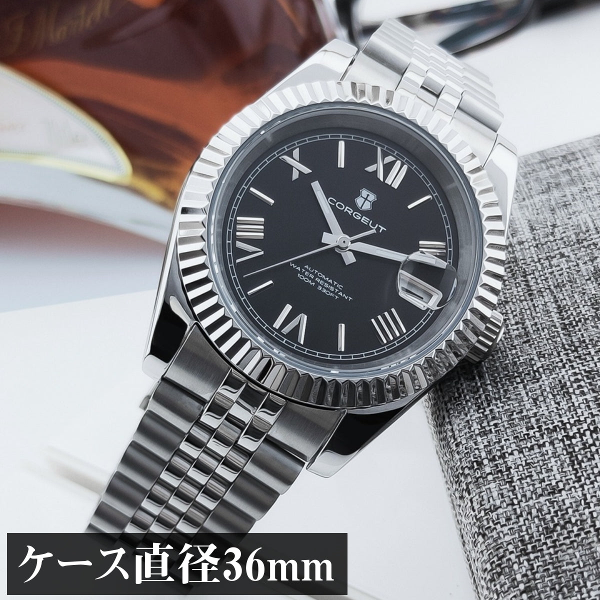 自動巻き腕時計 メンズ 40代 オマージュウォッチ 機械式 手巻き 36mm ローマ数字インデックス 日付 CORGEUT 2029