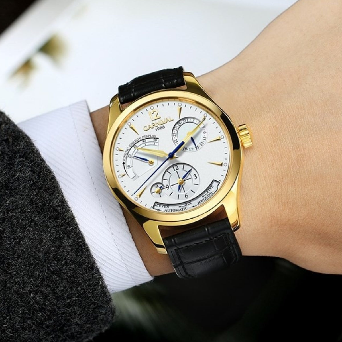 機械式腕時計 メンズ GMT 自動巻き パワーリザーブインジケーター 黒革ベルト 日付 Dバックル CARNIVAL 8762G