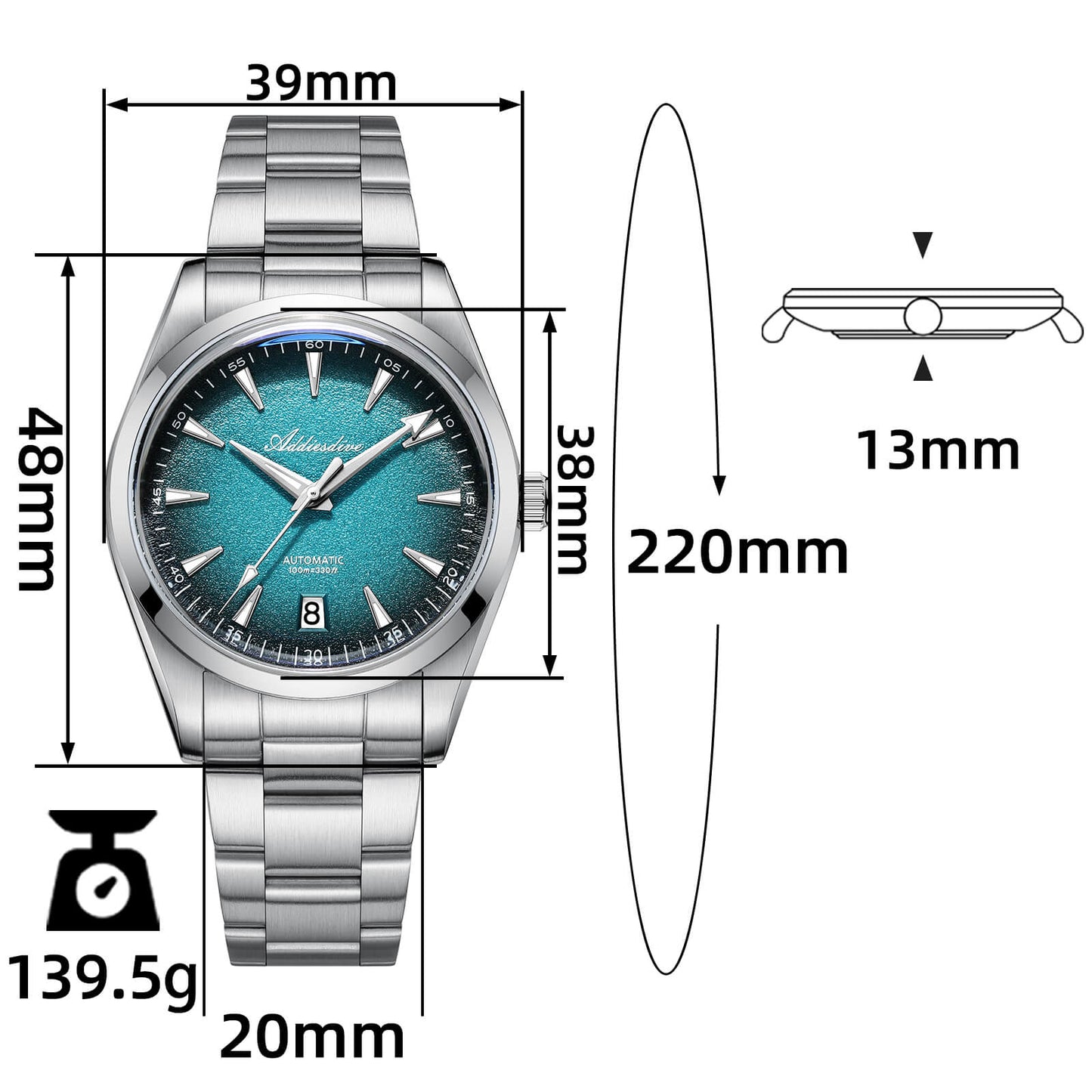 自動巻き腕時計 メンズ 40代 50代 オマージュウォッチ 機械式 手巻き 10気圧防水 39mm ADDIESDIVE AD2094