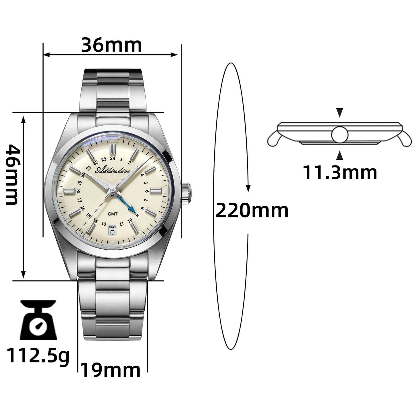 ADDIESDIVE AD2065, a 36mm homage watch for men in their 40s and 50s, featuring a GMT movement, Swiss-made movement, and a calendar.
