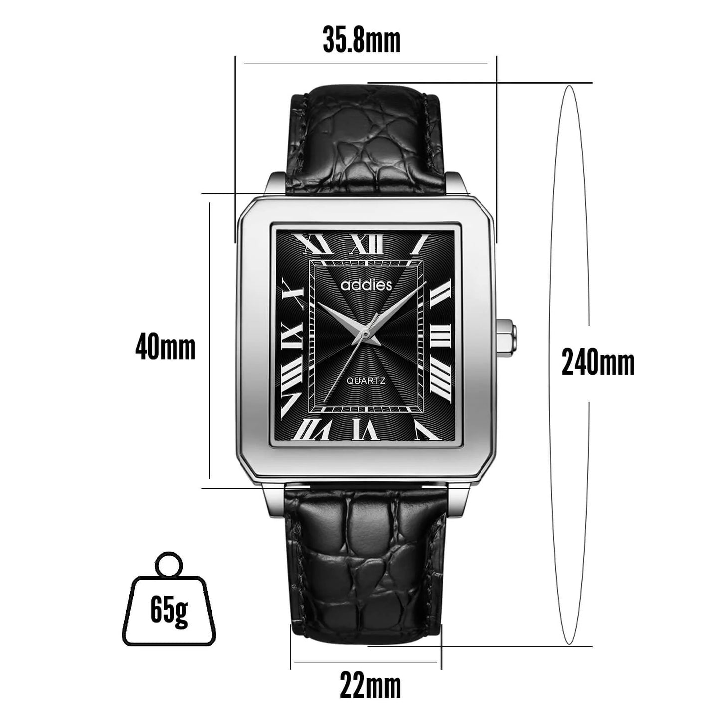 Men's Quartz Homage Watch for Men in their 40s and 50s, Black Leather Strap, Rectangular D-Buckle, ADDIESDIVE MY-RM05