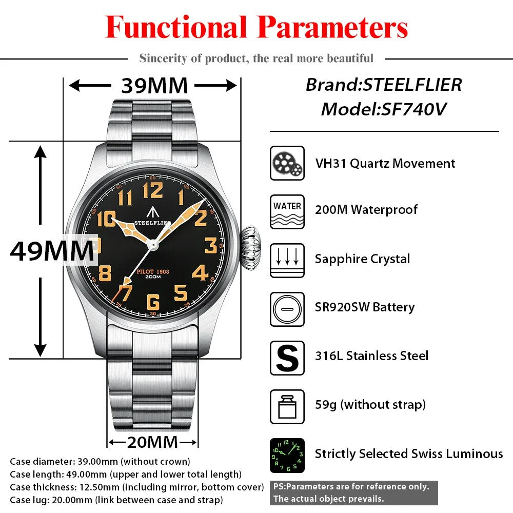 Pilot's Watch Military Watch for Men, 40s and 50s, Quartz Movement, Homage, 39mm, Steelflier SF740V
