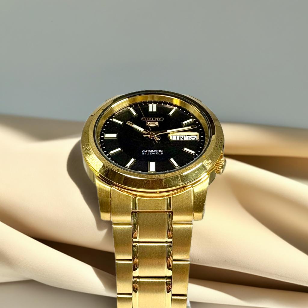 Seiko Men's Watch, Imported from Japan, Seiko 5 Automatic Mechanical Watch with Date and Day Display, Gold, 38mm, SNKK22K1