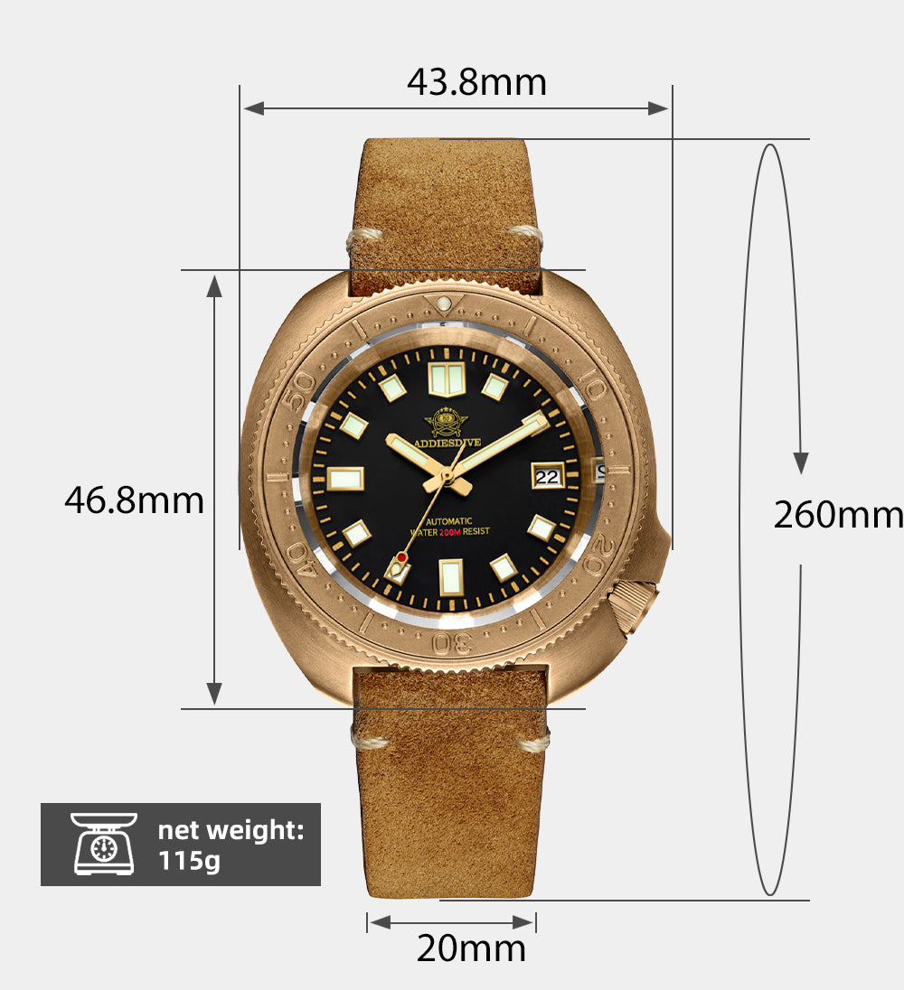 ADDIESDIVE AD2104 Men's Diver's Watch, Bronze Copper Homage, Automatic Movement with Calendar and Leather Strap