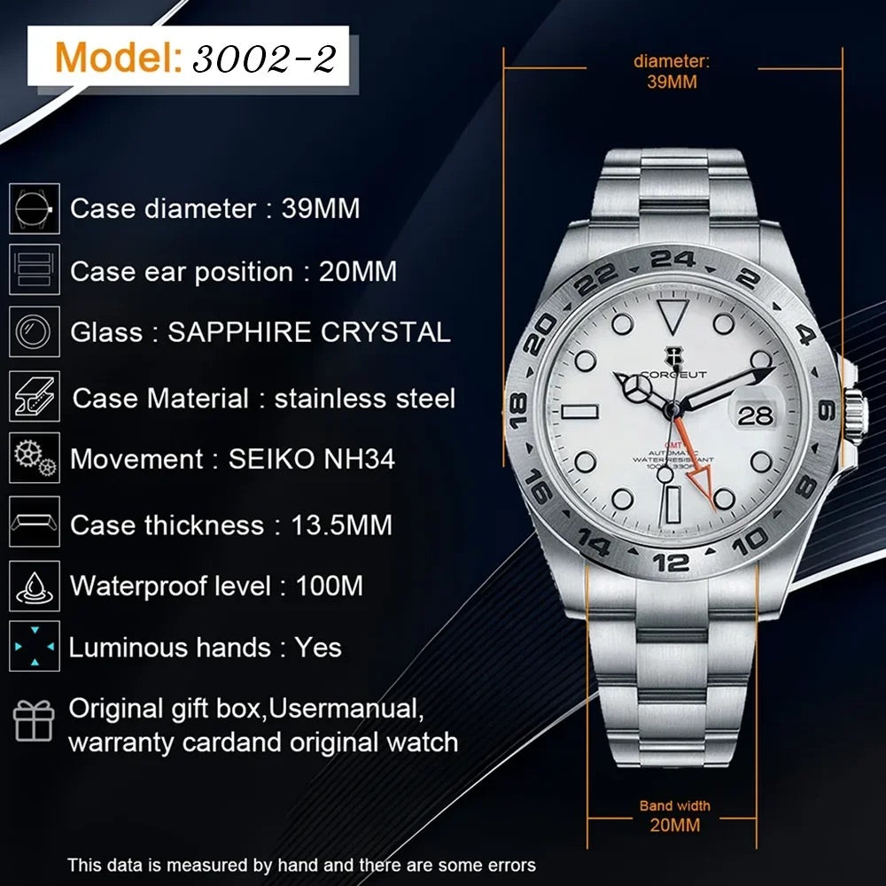 Men's Mechanical Watch for the 40s and 50s, GMT Homage Watch, Automatic, Seiko Movement, with Manual Winding, CORGEUT 3002-2